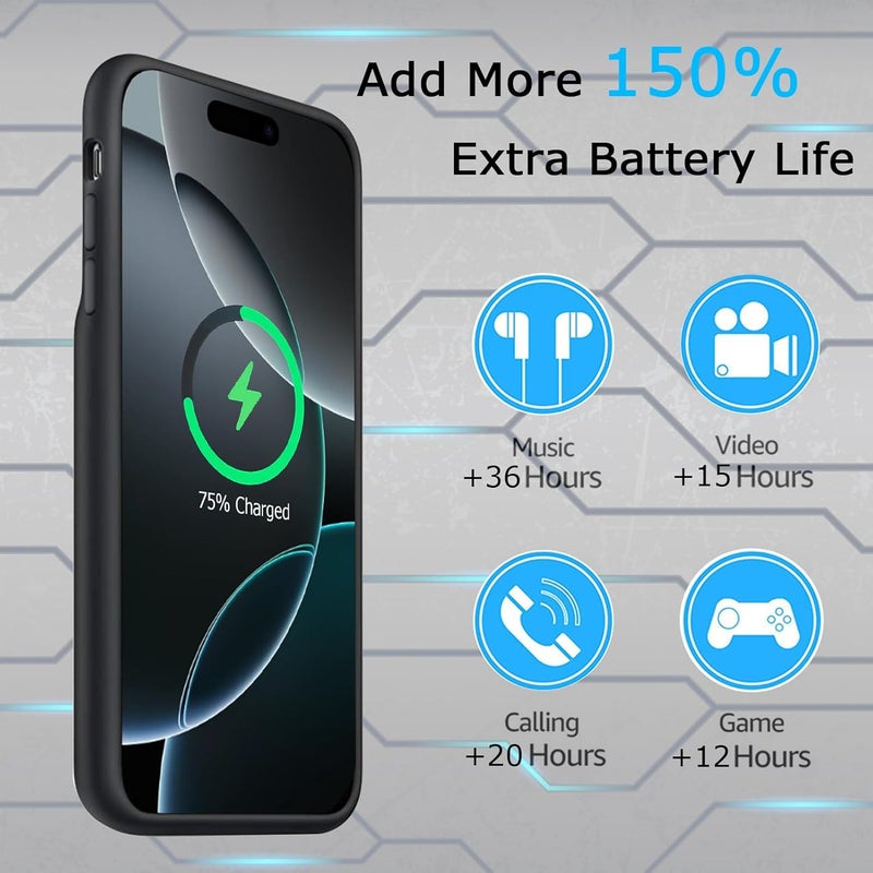 KCKEBLM Battery Case iPhone 16 Pro, Upgraded 10000mAh Rechargeable Portable Extended Battery Pack Supported Qi Wireless Charging Case Compatible with iPhone 16 Pro (6.3 inch) Charger Power Bank (Black) - Image 3